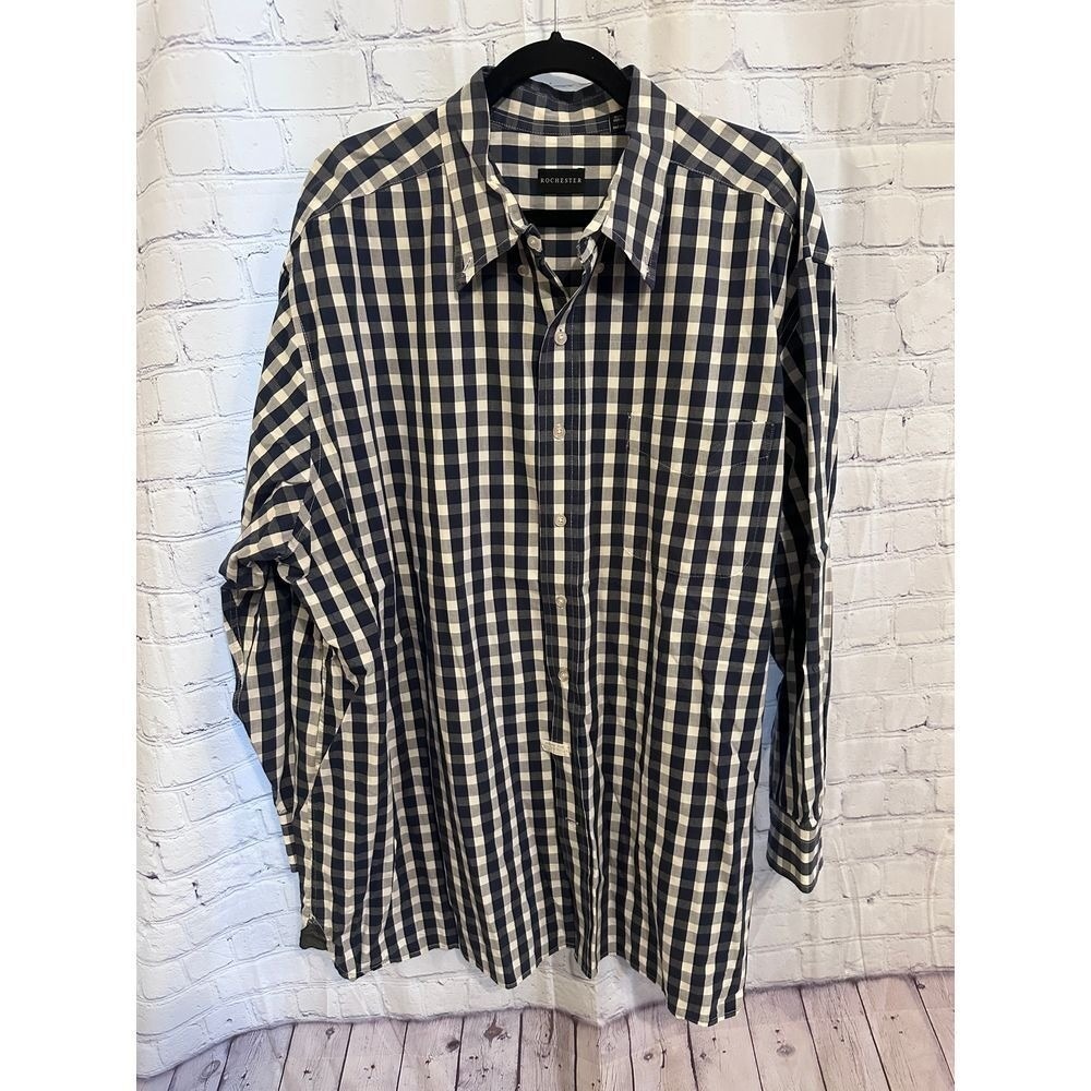 Rochester Classic Navy Blue & White Gingham Check Button-Down Dress Shirt 2XL